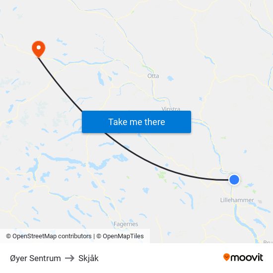 Øyer Sentrum to Skjåk map