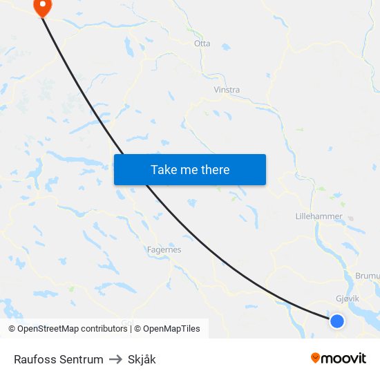 Raufoss Sentrum to Skjåk map