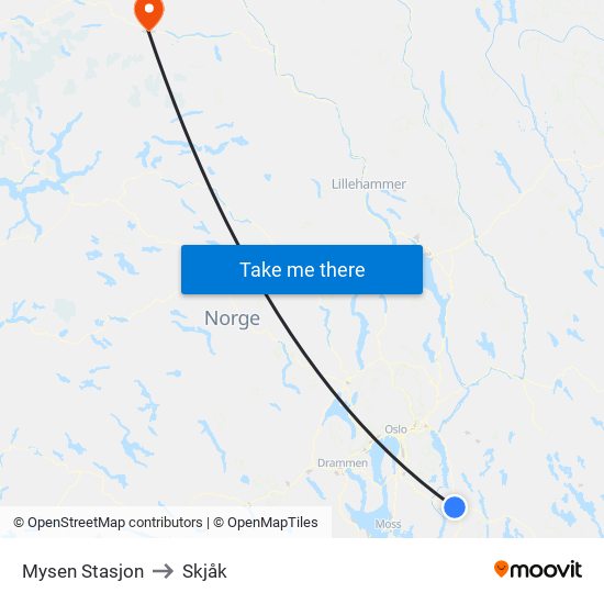 Mysen Stasjon to Skjåk map