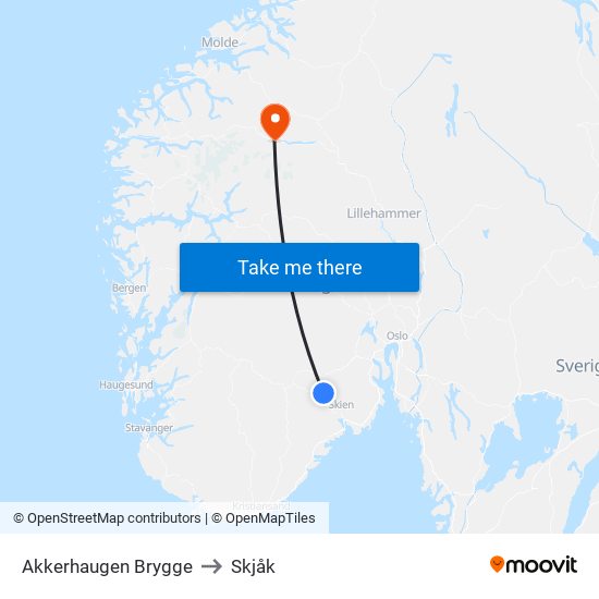 Akkerhaugen Brygge to Skjåk map