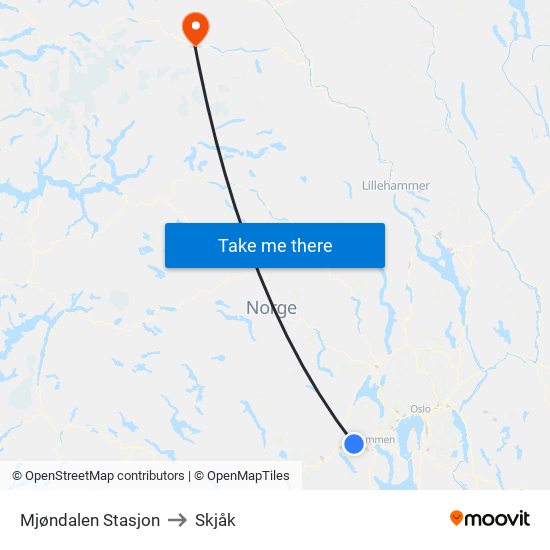 Mjøndalen Stasjon to Skjåk map