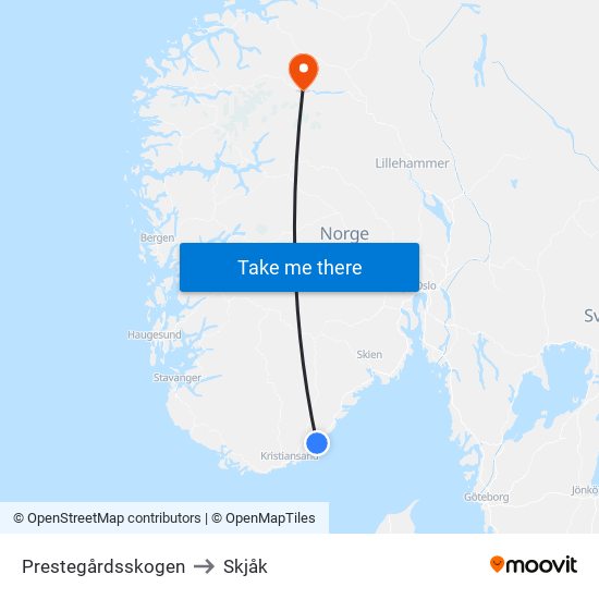 Prestegårdsskogen to Skjåk map