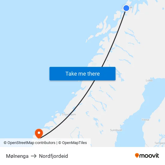Mølnenga to Nordfjordeid map