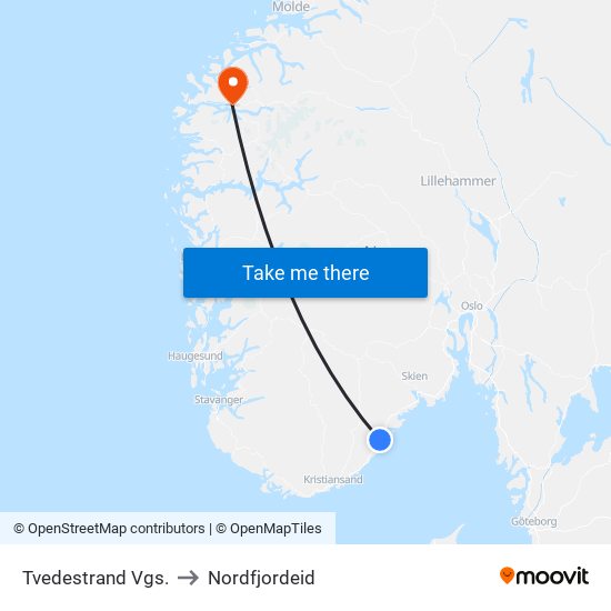 Tvedestrand Vgs. to Nordfjordeid map