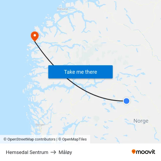Hemsedal Sentrum to Måløy map