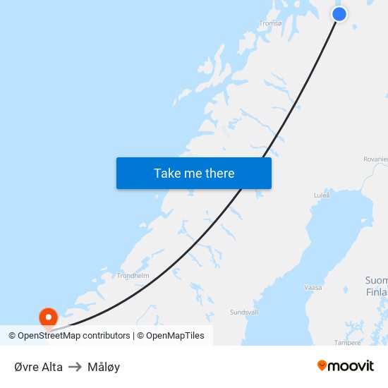 Øvre Alta to Måløy map