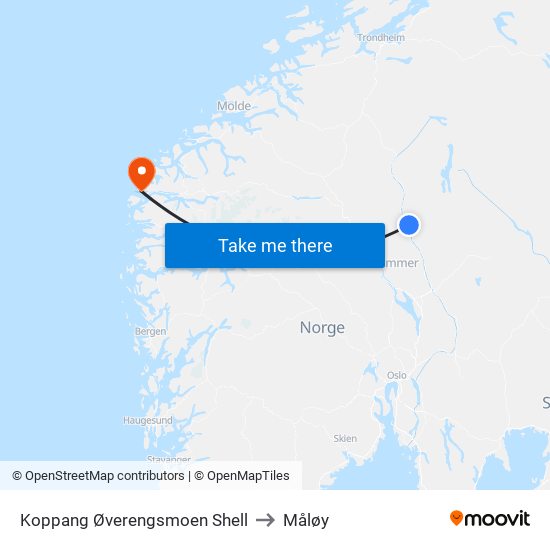 Koppang Øverengsmoen Shell to Måløy map