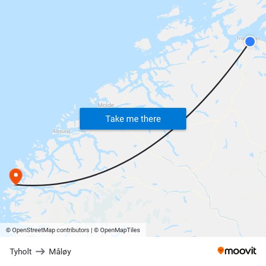 Tyholt to Måløy map