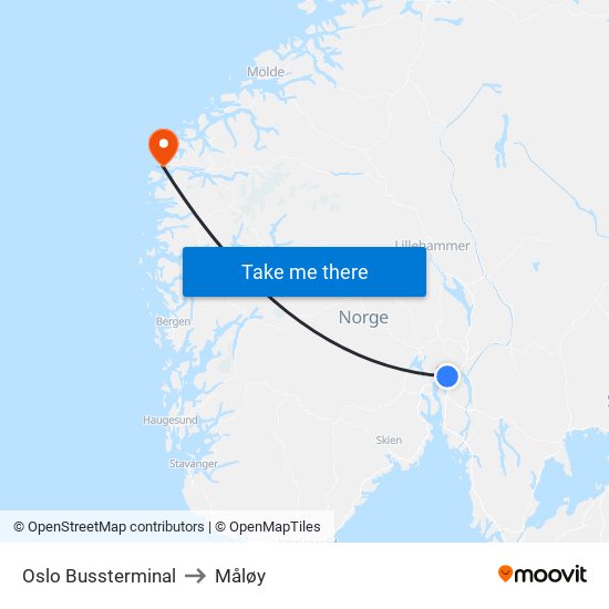 Oslo Bussterminal to Måløy map