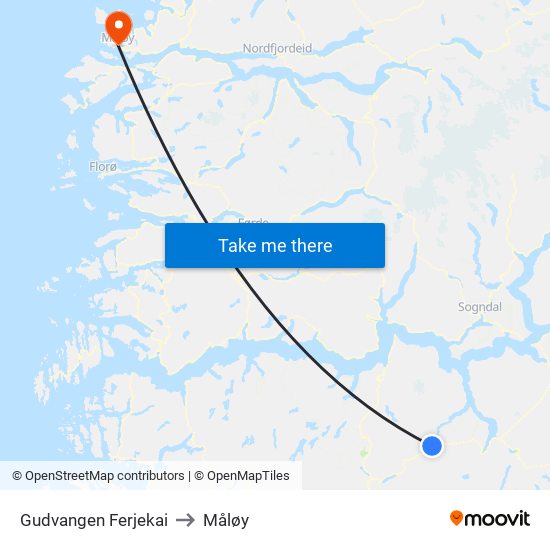 Gudvangen Ferjekai to Måløy map