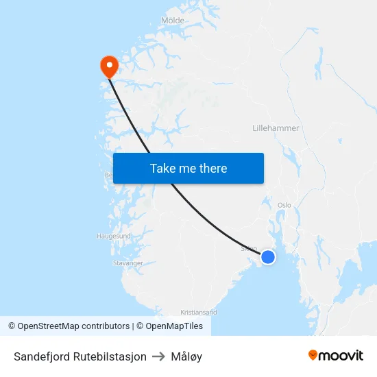 Sandefjord Rutebilstasjon to Måløy map