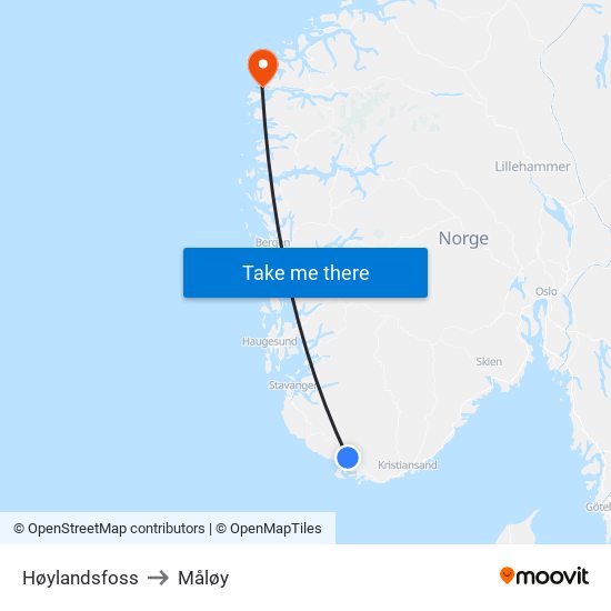 Høylandsfoss to Måløy map