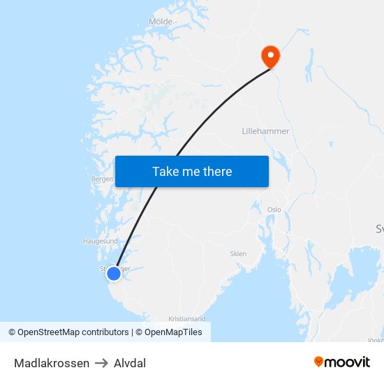 Madlakrossen to Alvdal map