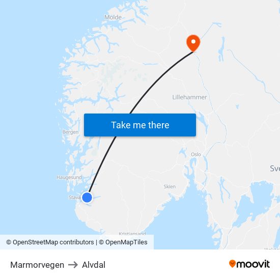 Marmorvegen to Alvdal map