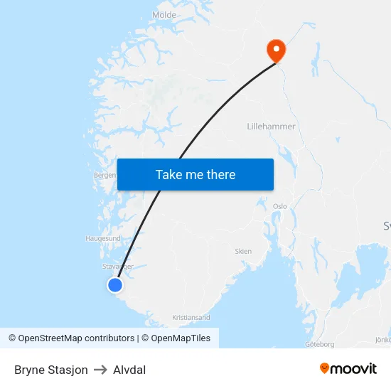 Bryne Stasjon to Alvdal map
