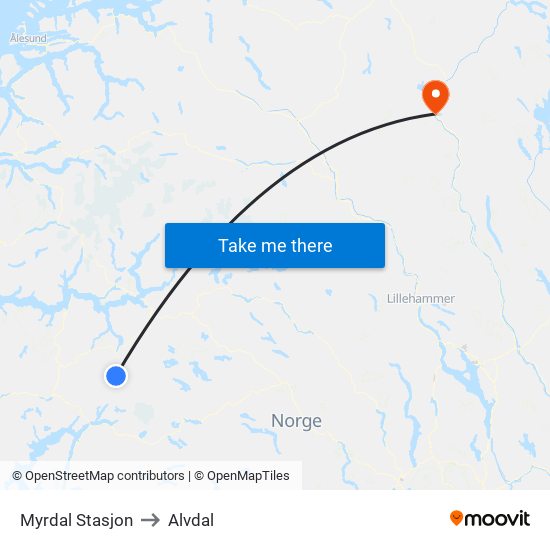 Myrdal Stasjon to Alvdal map