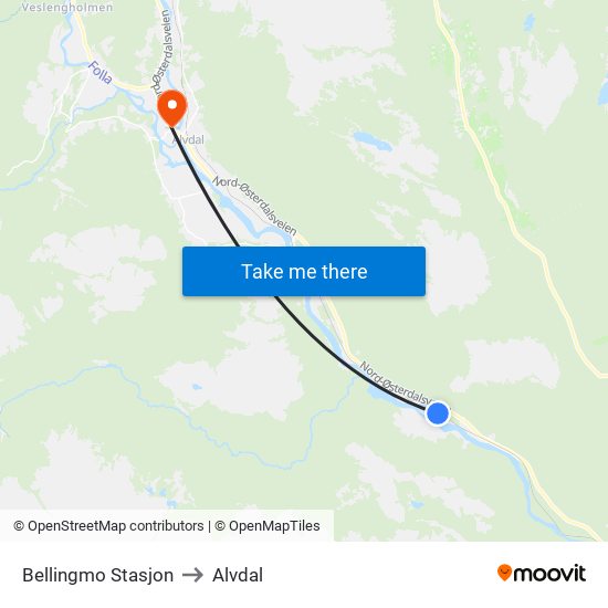 Bellingmo Stasjon to Alvdal map