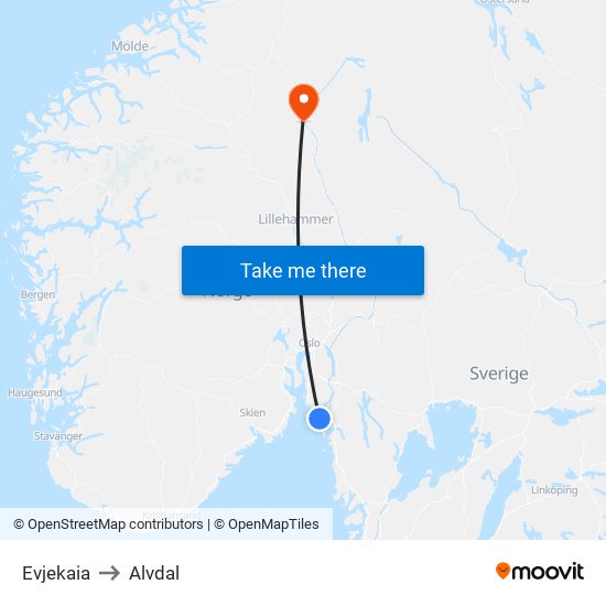 Evjekaia to Alvdal map