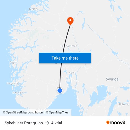 Sykehuset Porsgrunn to Alvdal map