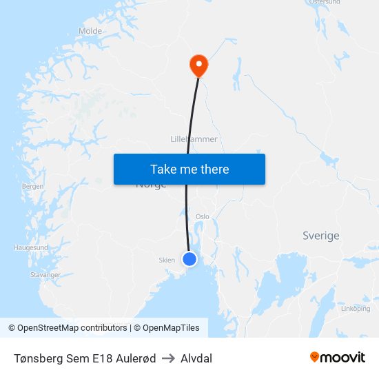 Tønsberg Sem E18 Aulerød to Alvdal map