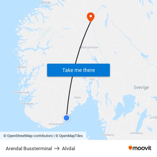 Arendal Bussterminal to Alvdal map