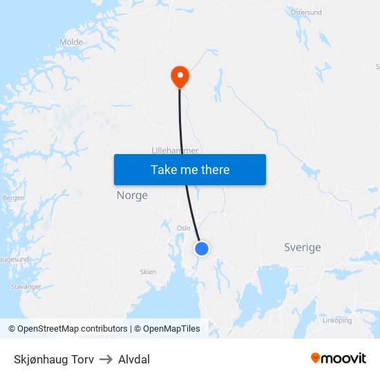 Skjønhaug Torv to Alvdal map