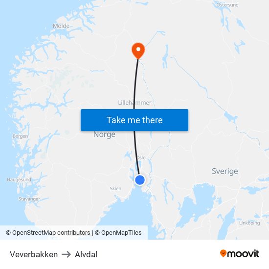 Veverbakken to Alvdal map