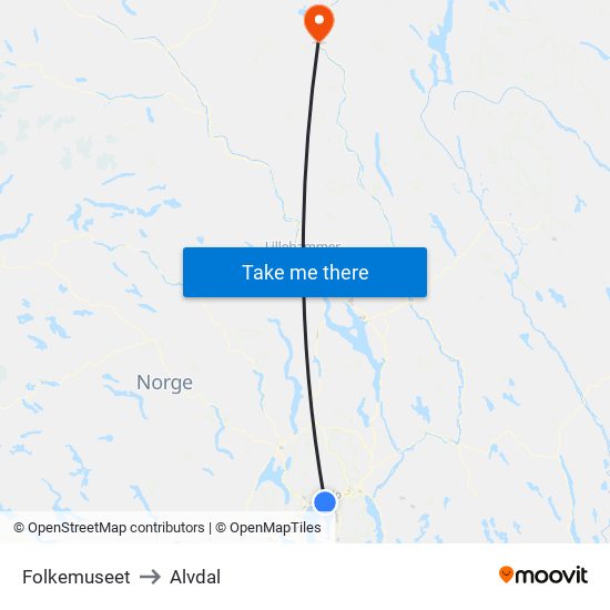 Folkemuseet to Alvdal map