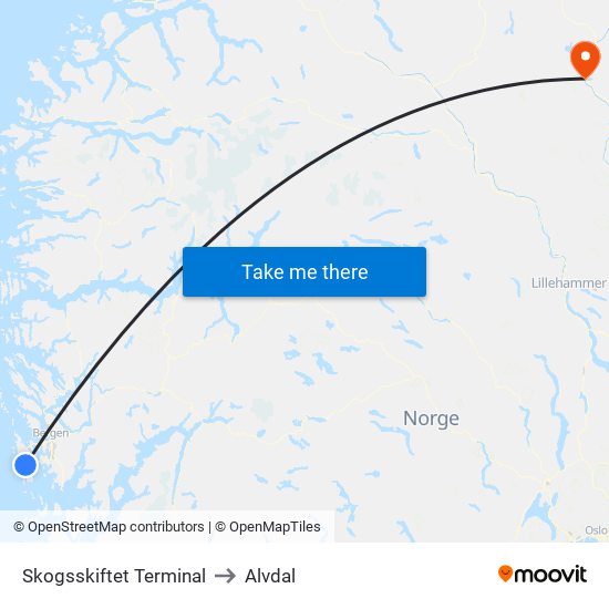 Skogsskiftet Terminal to Alvdal map