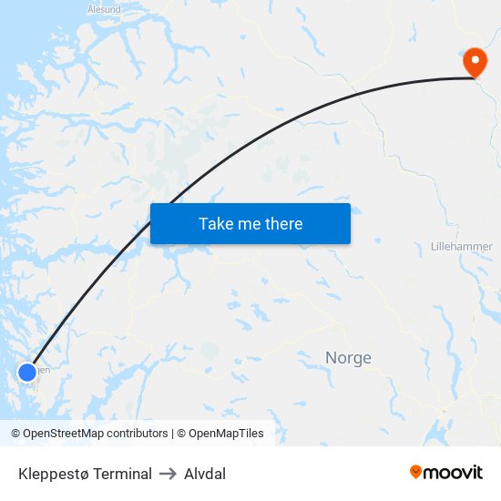 Kleppestø Terminal to Alvdal map