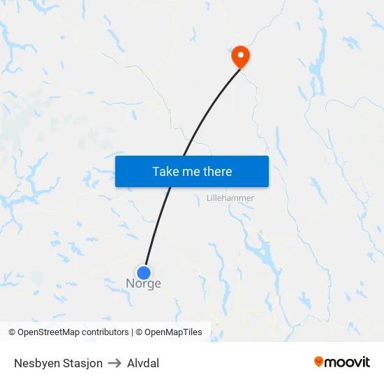Nesbyen Stasjon to Alvdal map
