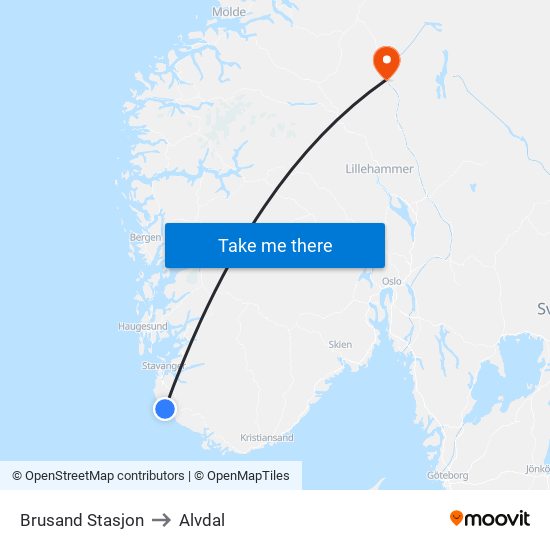 Brusand Stasjon to Alvdal map