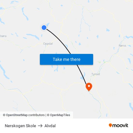 Nerskogen Skole to Alvdal map