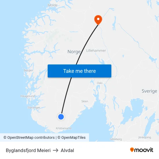 Byglandsfjord Meieri to Alvdal map