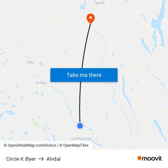 Circle K Øyer to Alvdal map