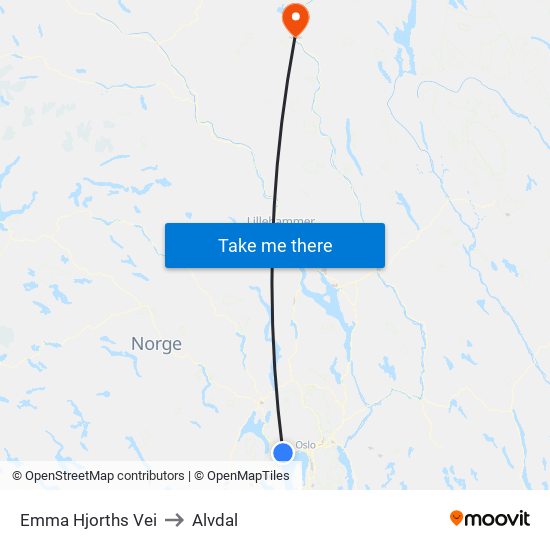 Emma Hjorths Vei to Alvdal map