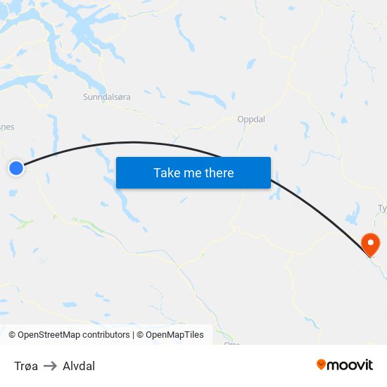 Trøa to Alvdal map