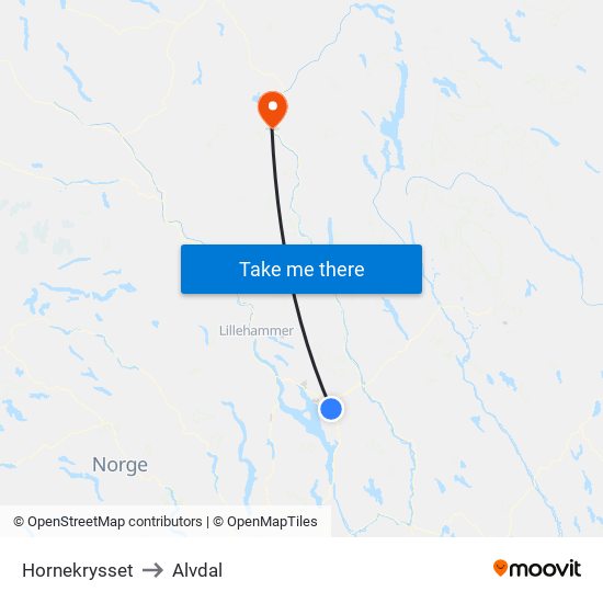 Hornekrysset to Alvdal map