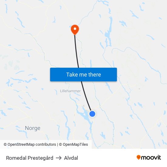 Romedal Prestegård to Alvdal map