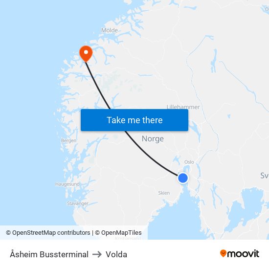 Åsheim Bussterminal to Volda map