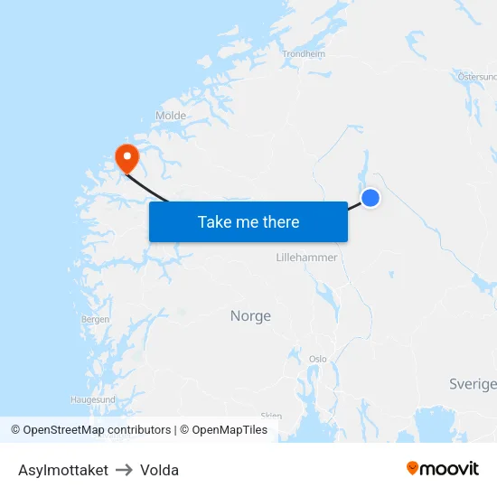 Asylmottaket to Volda map