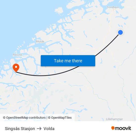 Singsås Stasjon to Volda map