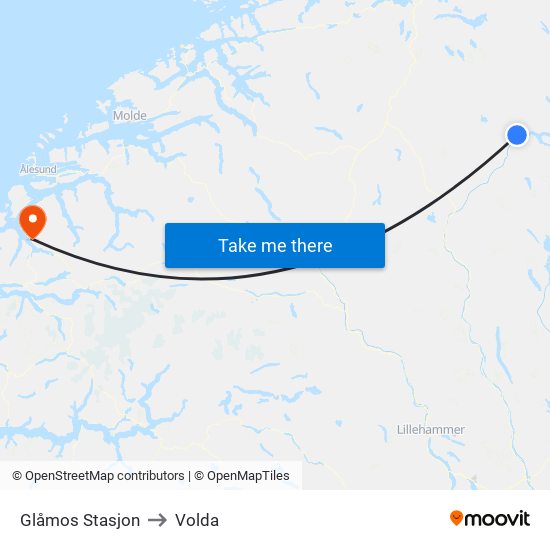 Glåmos Stasjon to Volda map