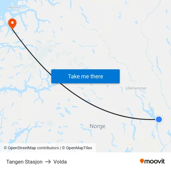 Tangen Stasjon to Volda map