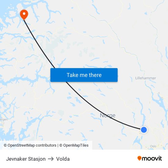 Jevnaker Stasjon to Volda map