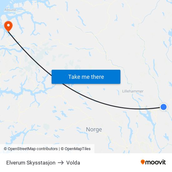 Elverum Skysstasjon to Volda map