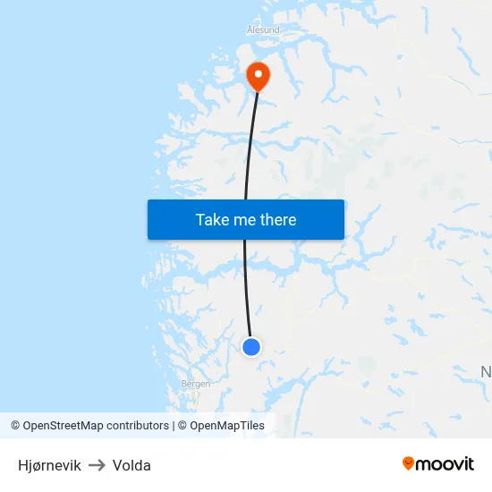 Hjørnevik to Volda map