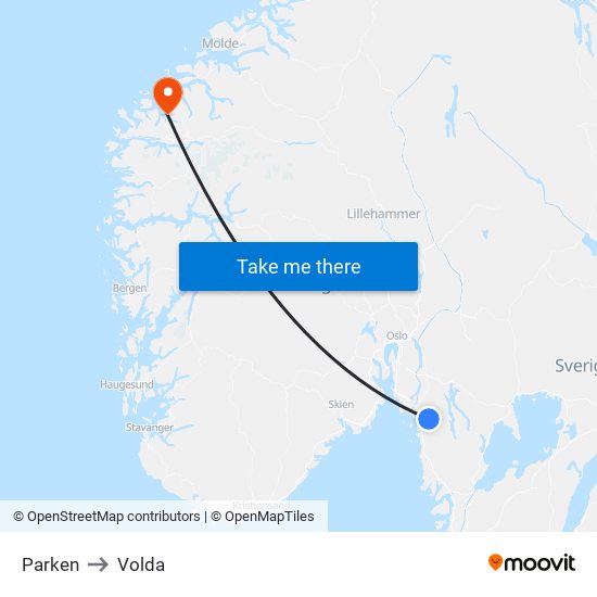 Parken to Volda map