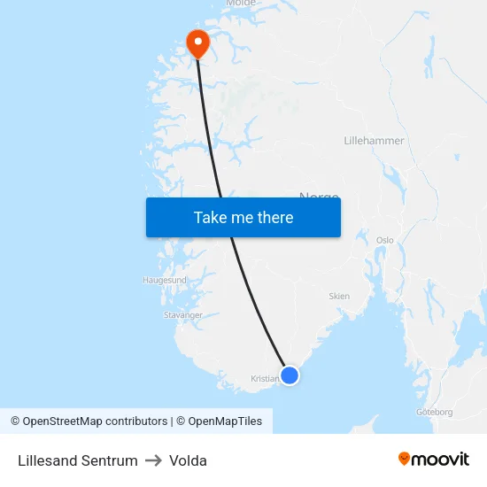 Lillesand Sentrum to Volda map