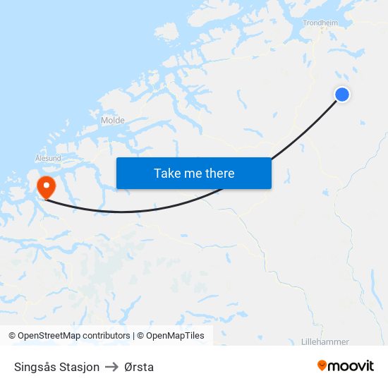 Singsås Stasjon to Ørsta map
